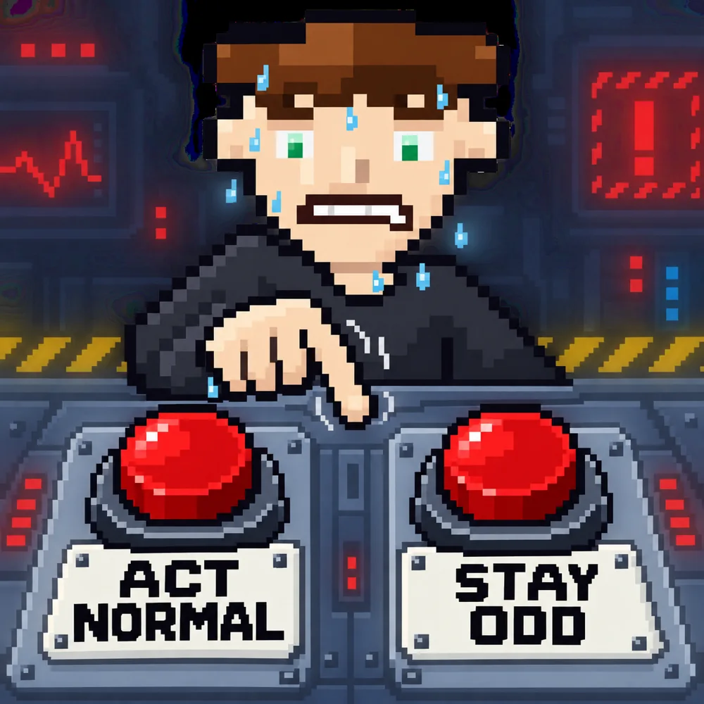 Pixel character choosing between act normal and stay odd buttons